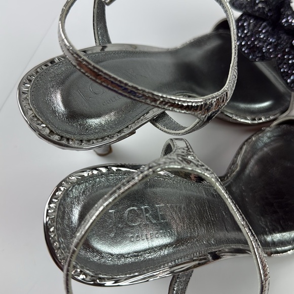 New J.Crew Collection Italian silver sandal heels with navy sequin flower - Picture 5 of 8